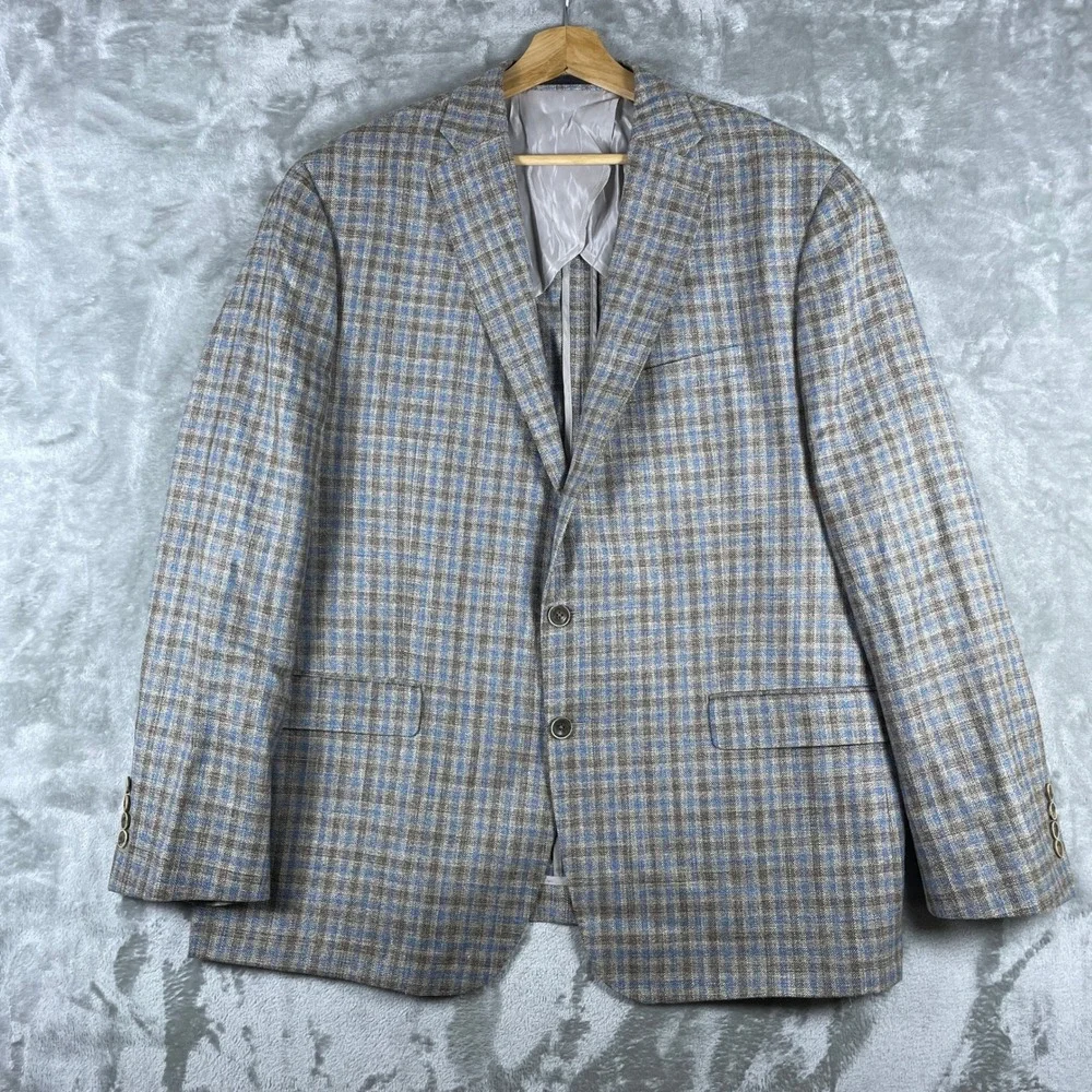 Williams & Kent Sport Coat Mens 48 Brown Blue Plaid Wool Silk Linen E.Thomas